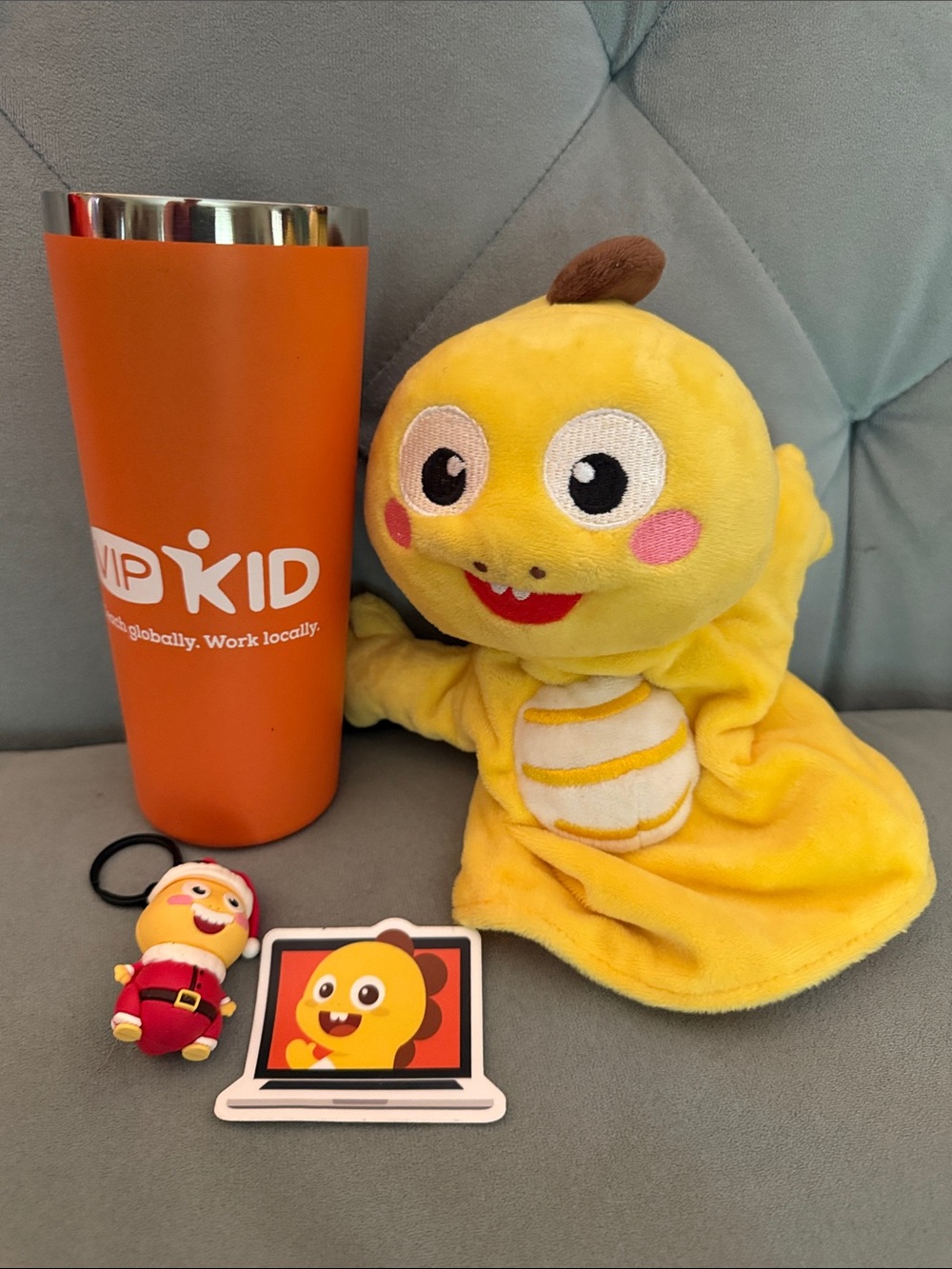 VIPKid Dino Puppet Tumbler Keychain and sticker
